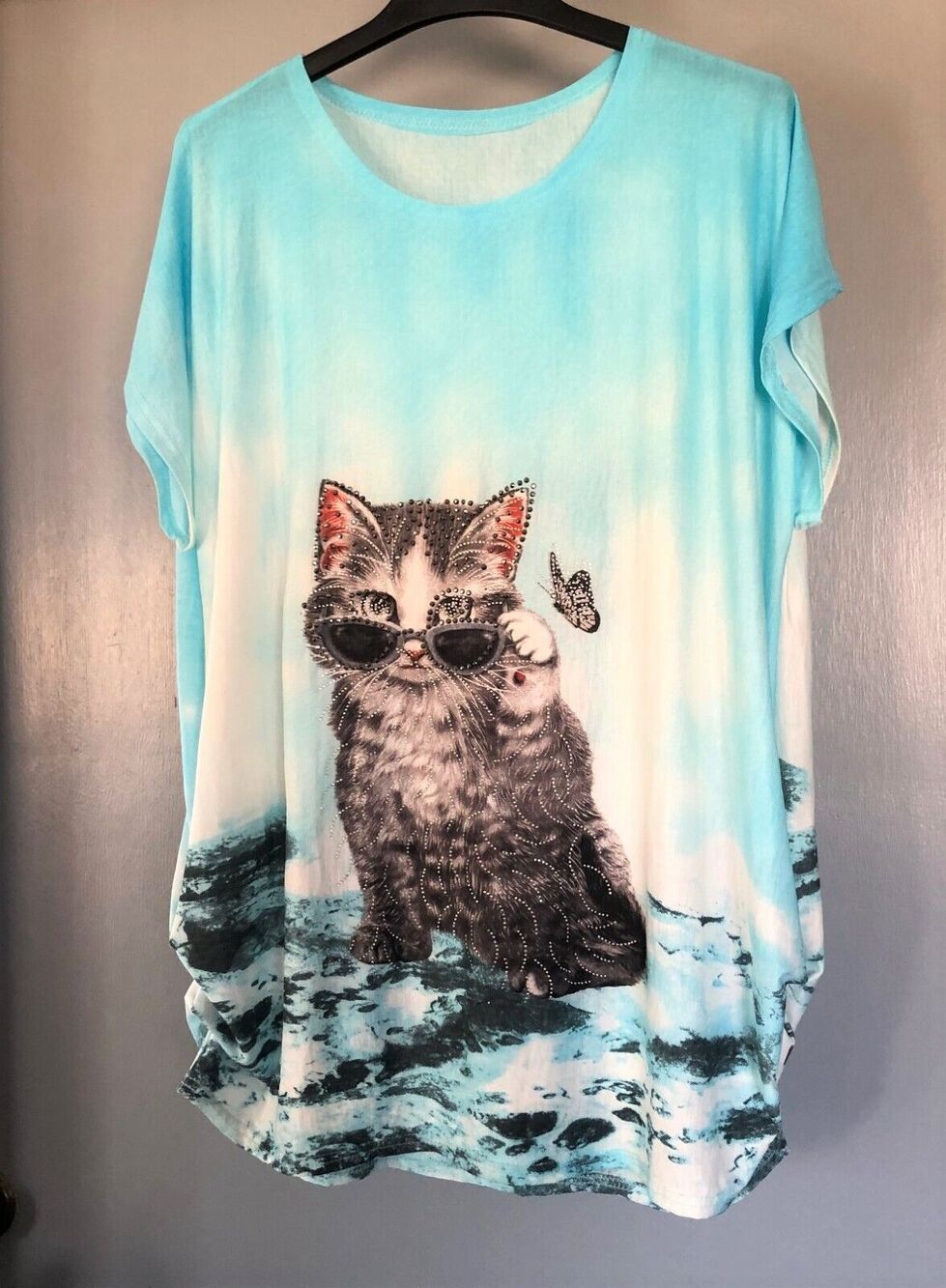 Blue cat in sunglasses embellished short sleeve top tee shirt One Size0